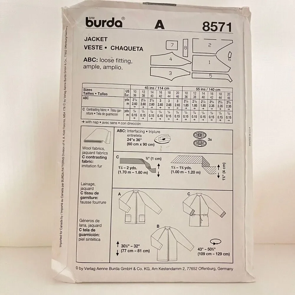 #8571 Burda Misses Jacket Sewing Pattern Size 10-20